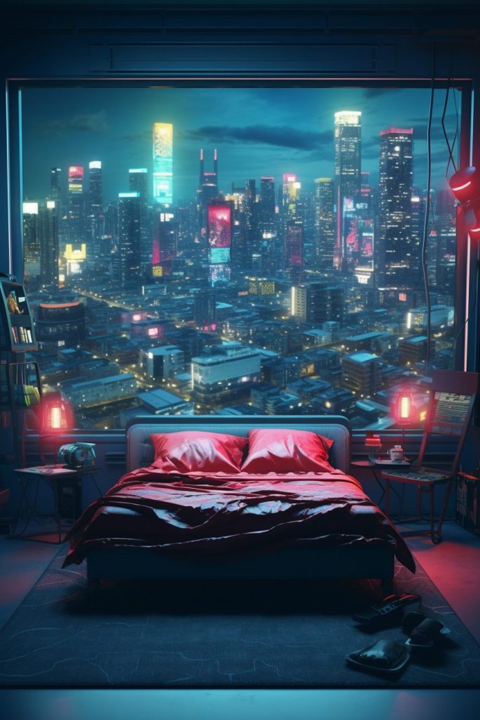 Cyberpunk Bedrooms With Cityscape Views AI Artwork 31