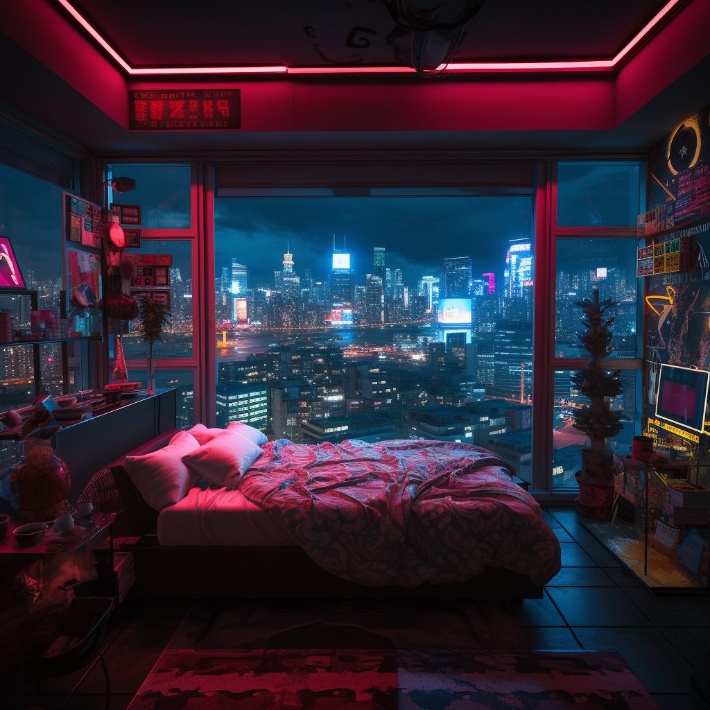 Cyberpunk Bedrooms With Cityscape Views AI Artwork 32