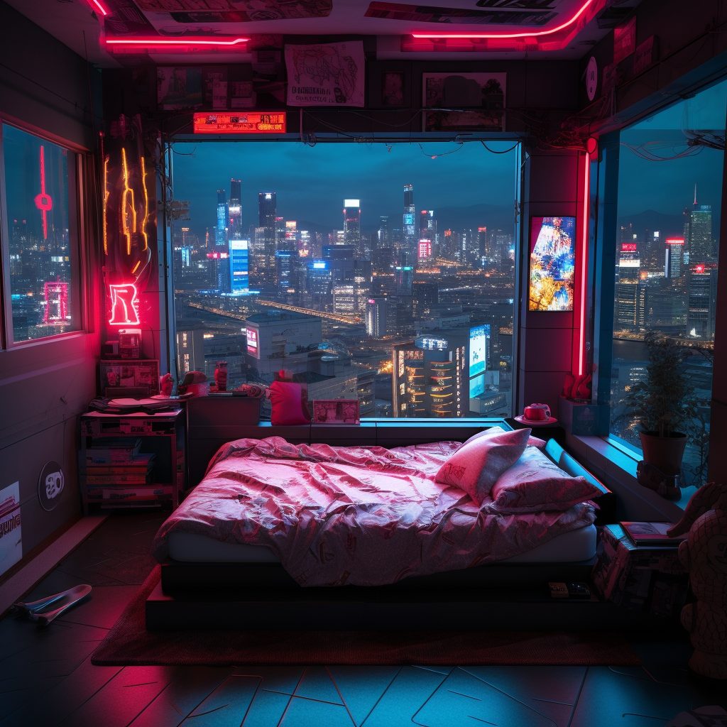 Cyberpunk Bedrooms With Cityscape Views AI Artwork 33
