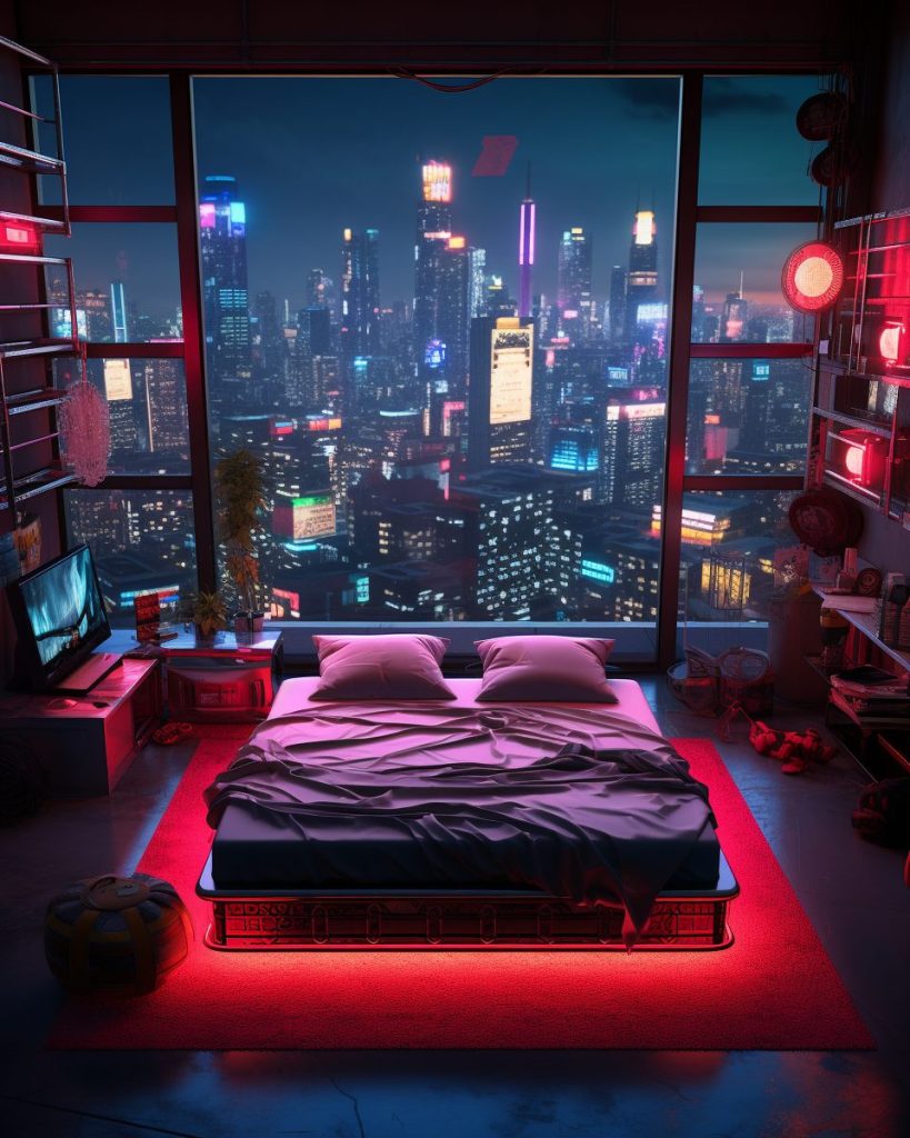 Cyberpunk Bedrooms With Cityscape Views AI Artwork 34