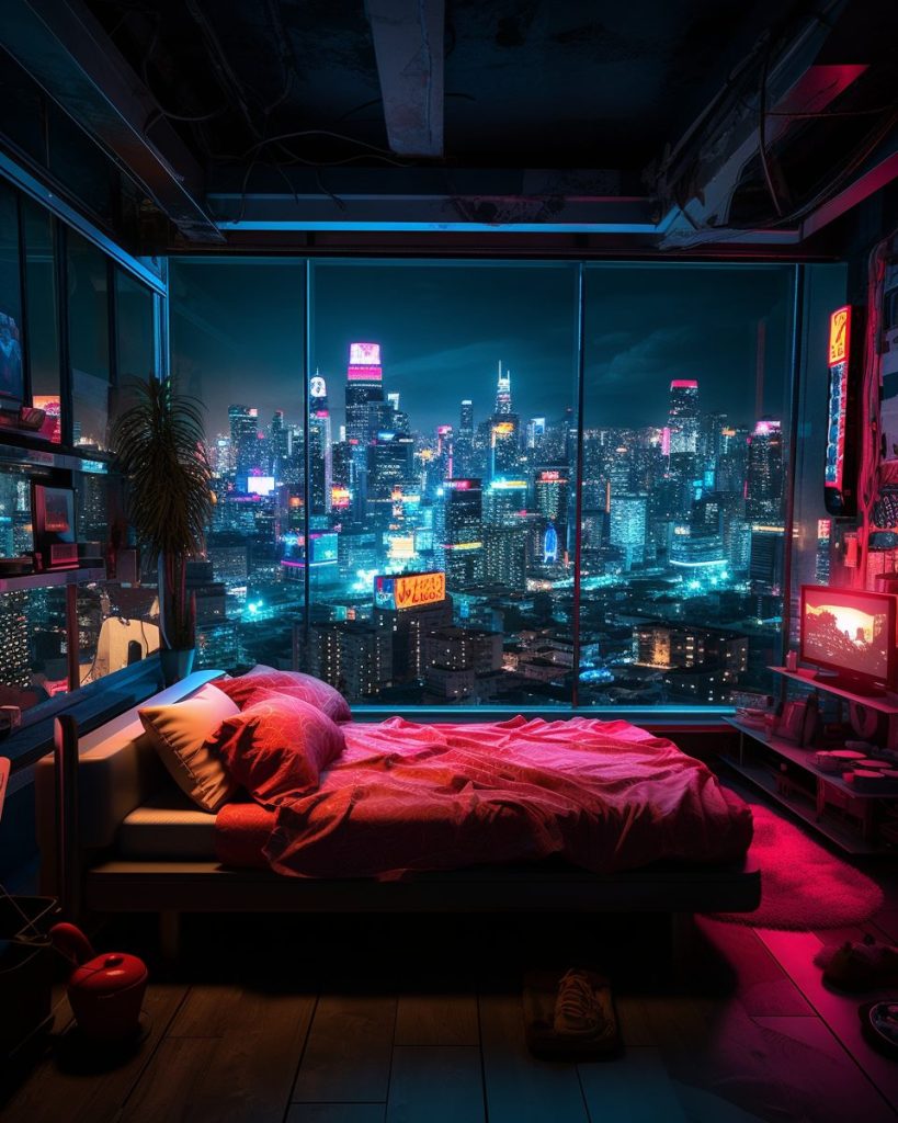 Cyberpunk Bedrooms With Cityscape Views AI Artwork 35