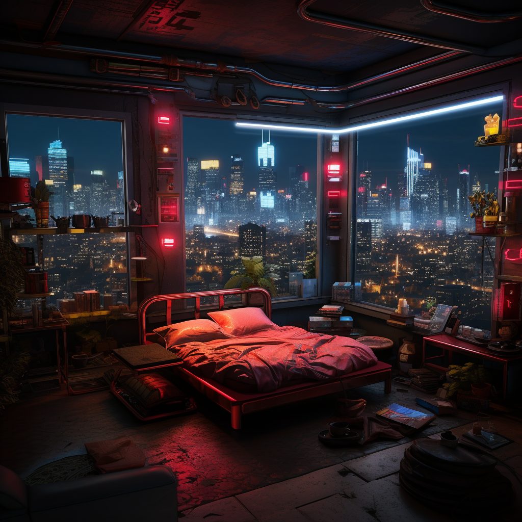 Cyberpunk Bedrooms With Cityscape Views AI Artwork 36