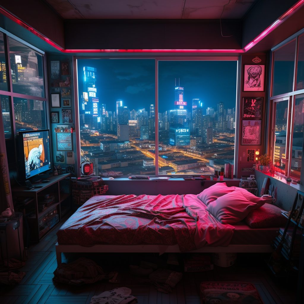 Cyberpunk Bedrooms With Cityscape Views AI Artwork 37