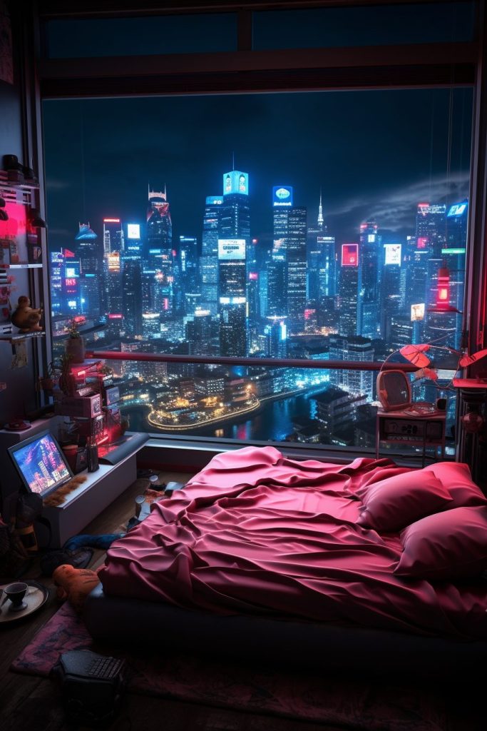 Cyberpunk Bedrooms With Cityscape Views AI Artwork 38
