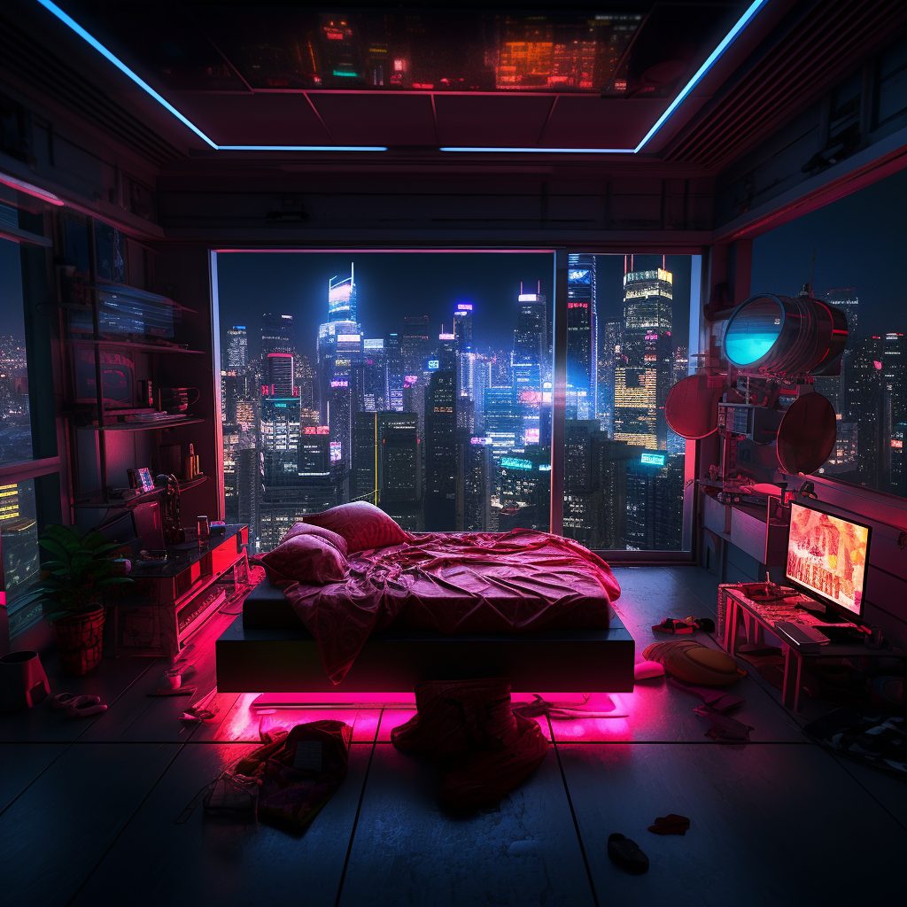 Cyberpunk Bedrooms With Cityscape Views AI Artwork 39