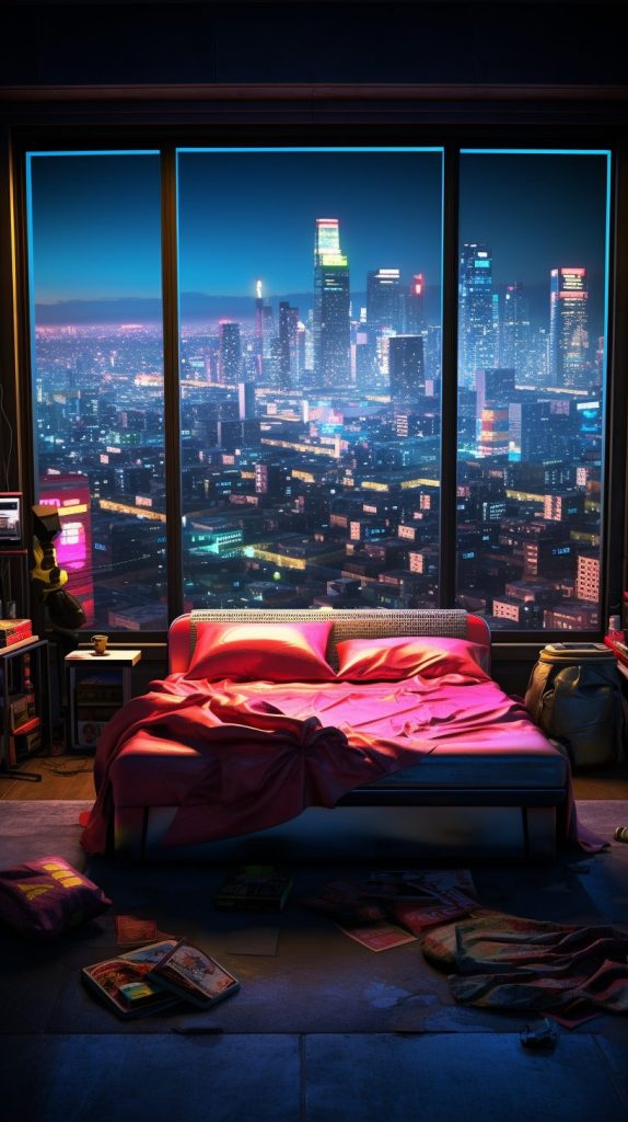 Cyberpunk Bedrooms With Cityscape Views AI Artwork 4