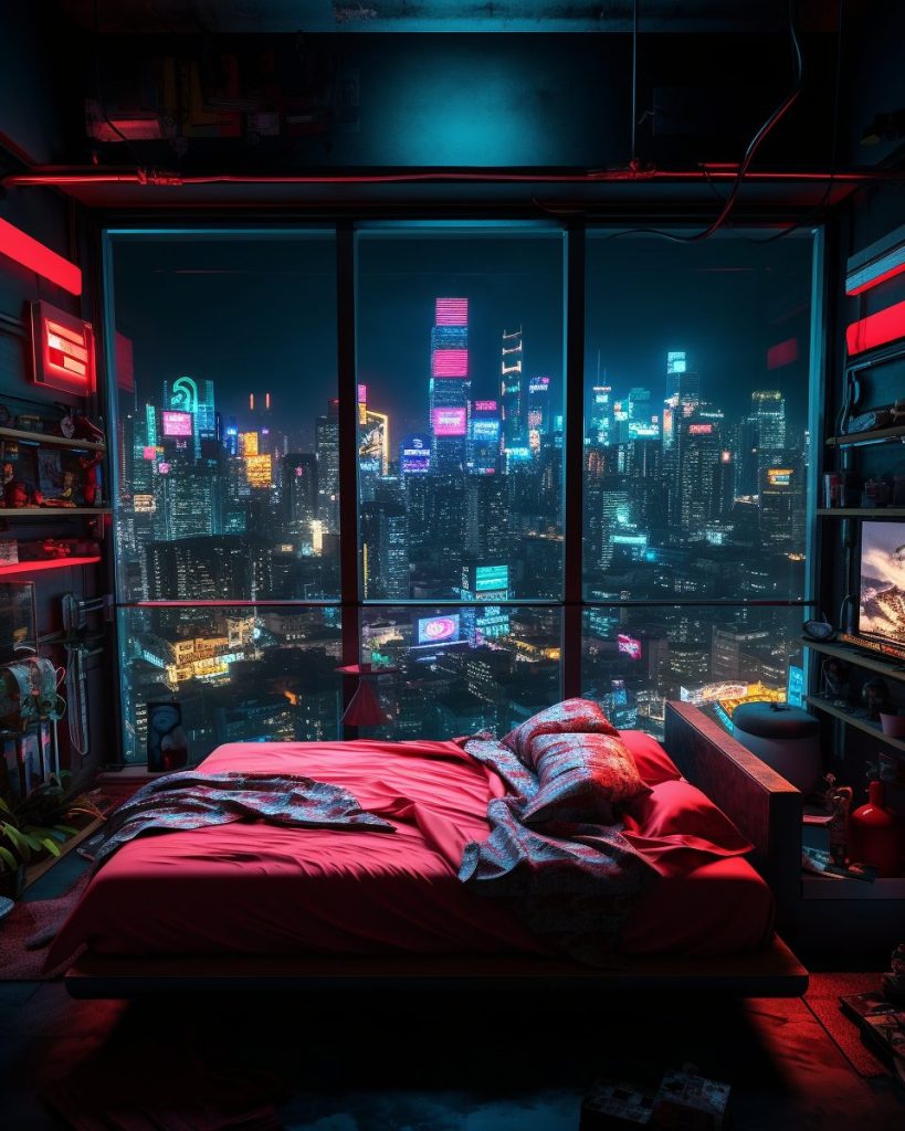 Cyberpunk Bedrooms With Cityscape Views AI Artwork 5