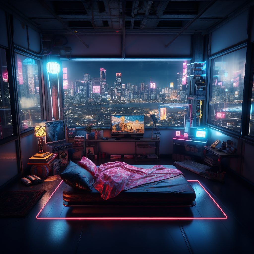 Cyberpunk Bedrooms With Cityscape Views AI Artwork 6