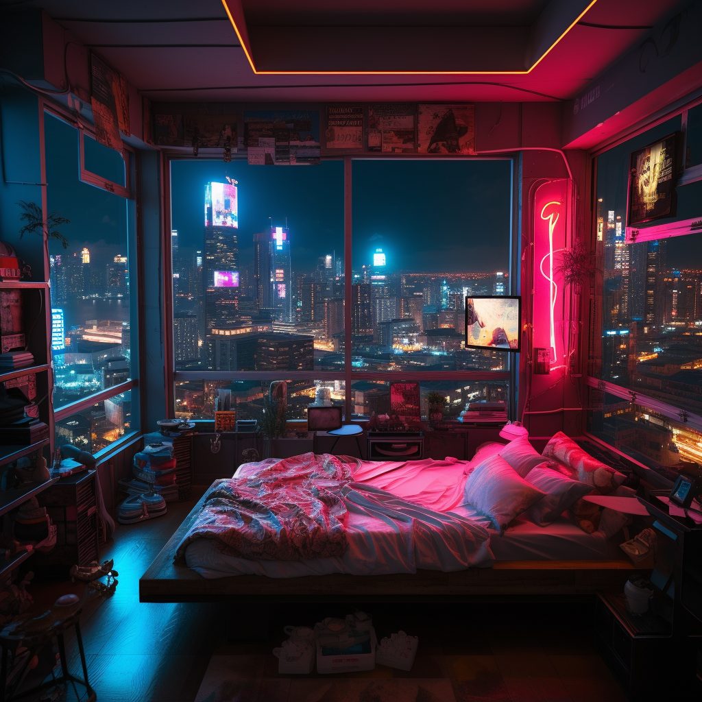 Cyberpunk Bedrooms With Cityscape Views AI Artwork 7