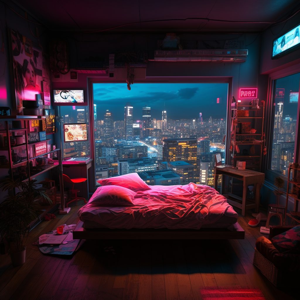 Cyberpunk Bedrooms With Cityscape Views AI Artwork 8
