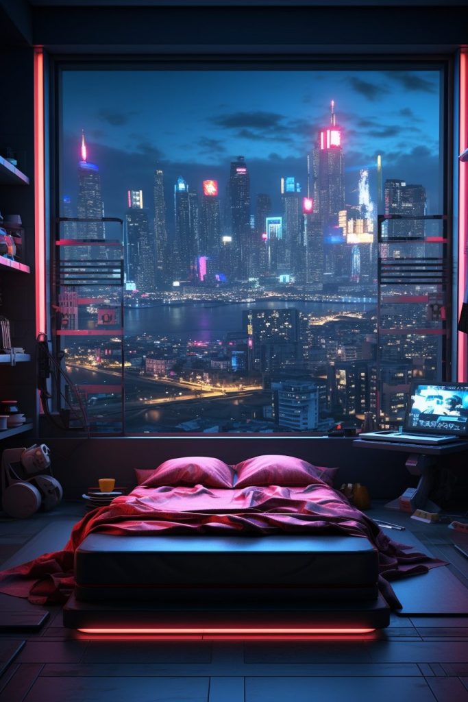 Cyberpunk Bedrooms With Cityscape Views AI Artwork 9