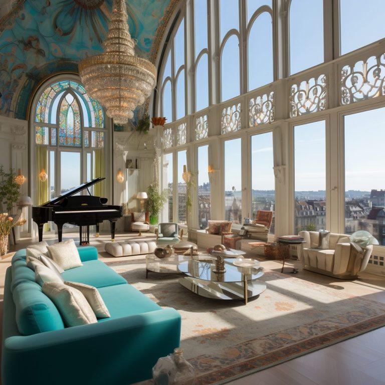 View of High-Ceiling Apartment with an Art Nouveau Interior Design Style