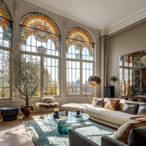 View of High-Ceiling Apartment with an Art Nouveau Interior Design Style