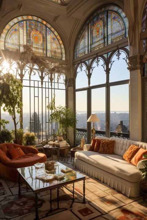 View of High-Ceiling Apartment with an Art Nouveau Interior Design Style