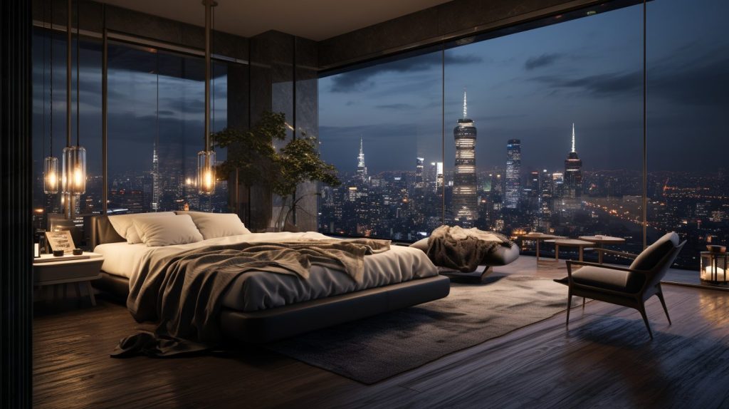 Japandi-Style Bedroom with a Cityscape View AI Artwork 10