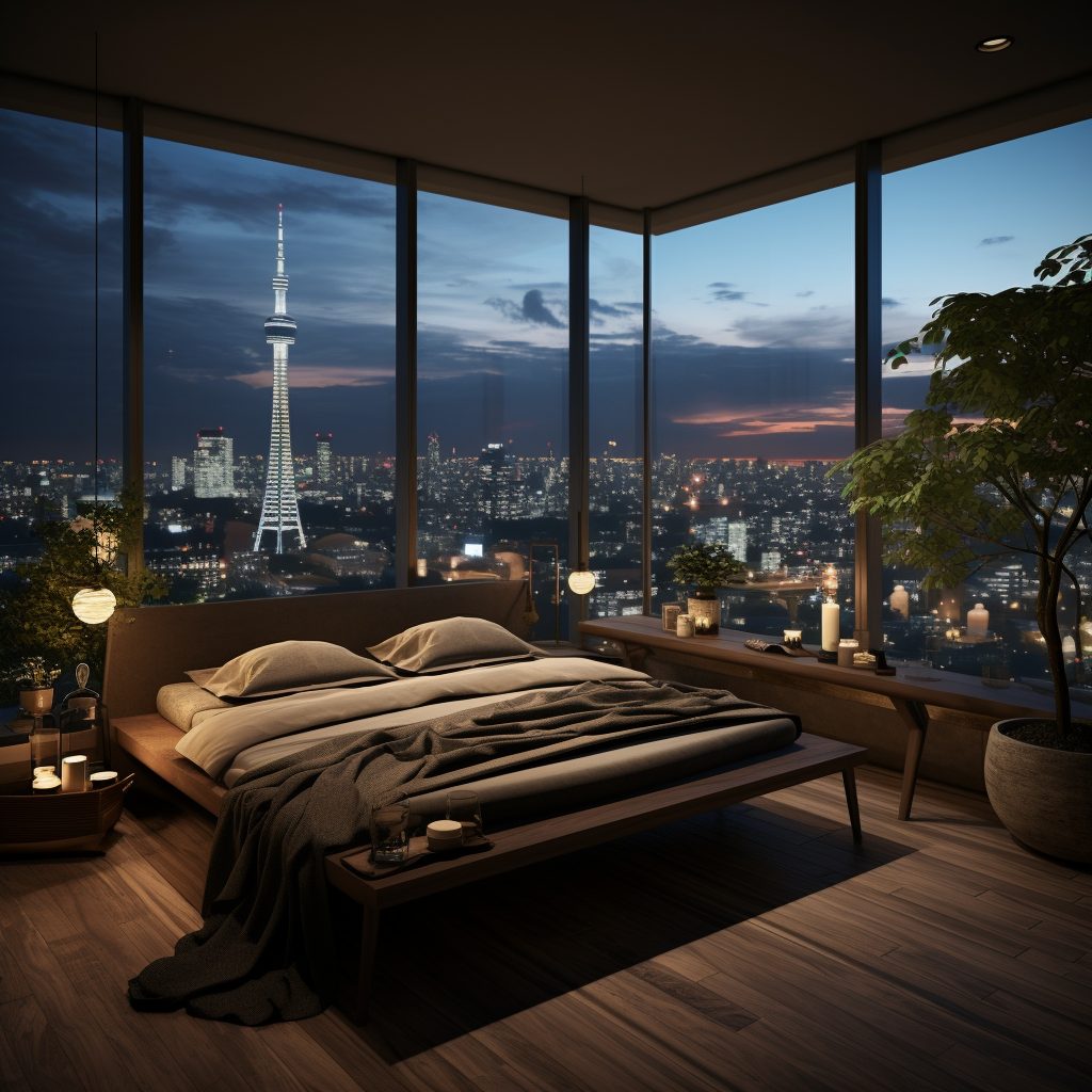 Japandi-Style Bedroom with a Cityscape View AI Artwork 17