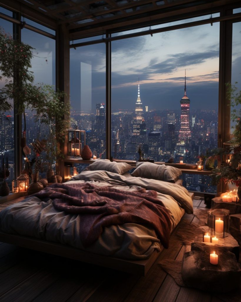Japandi-Style Bedroom with a Cityscape View AI Artwork 19