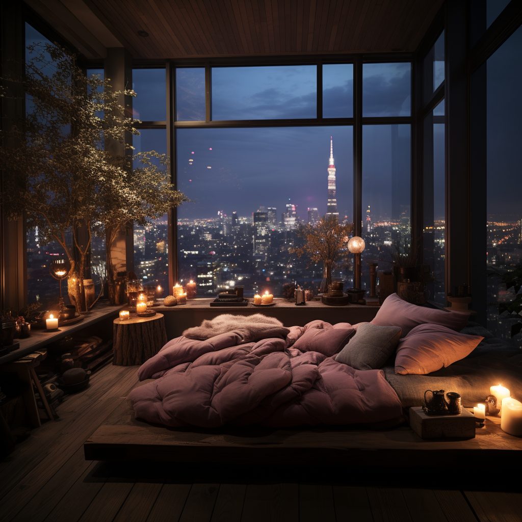 Japandi-Style Bedroom with a Cityscape View AI Artwork 21