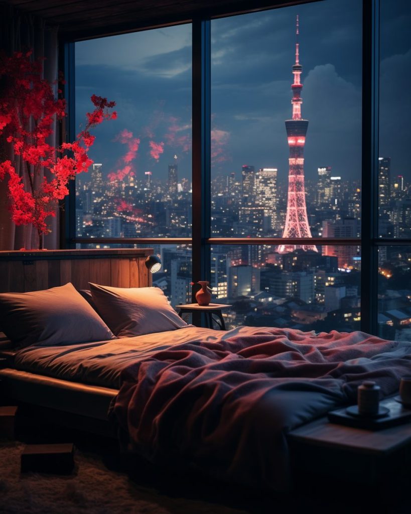 Japandi-Style Bedroom with a Cityscape View AI Artwork 7