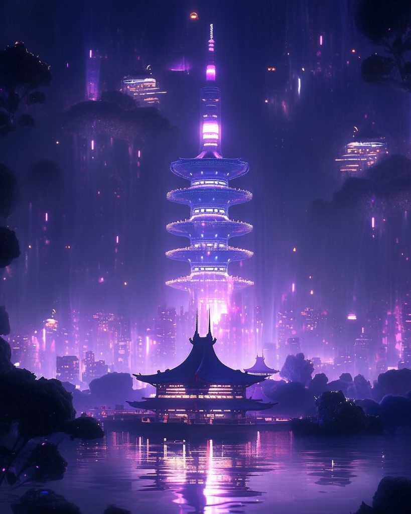 The Cyberpunk Pagoda Towers AI Artwork 3
