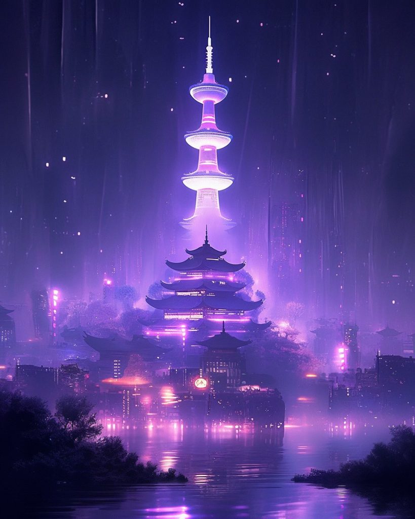 The Cyberpunk Pagoda Towers AI Artwork 7