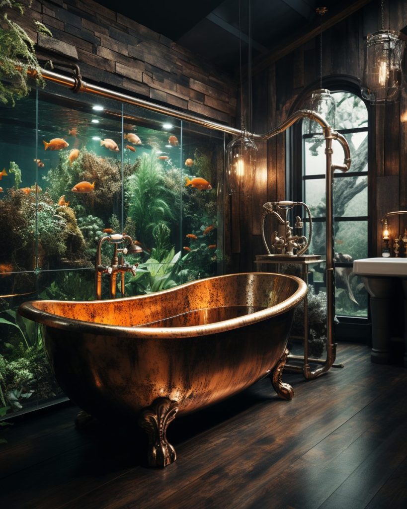 Bathrooms with Copper Tubs and Wall Aquariums AI Artwork 15