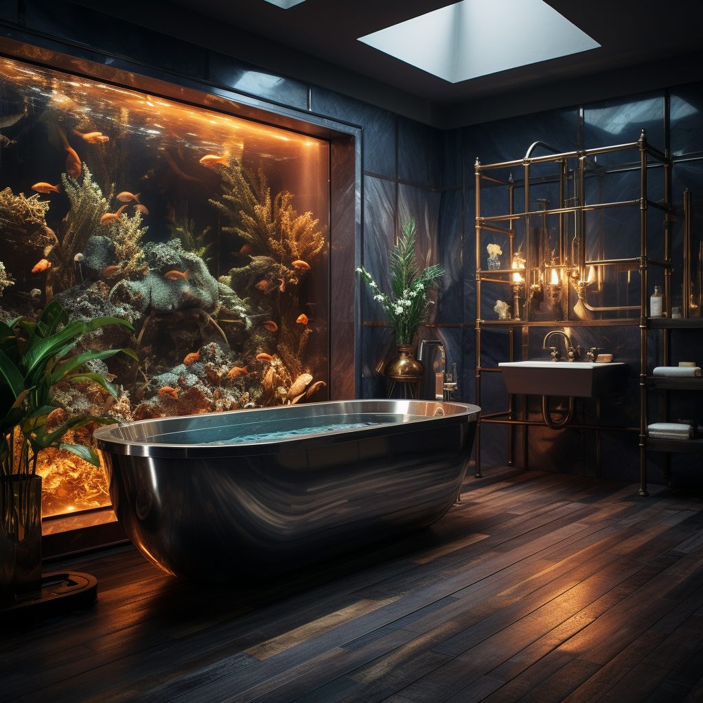 Bathrooms with Copper Tubs and Wall Aquariums AI Artwork 17