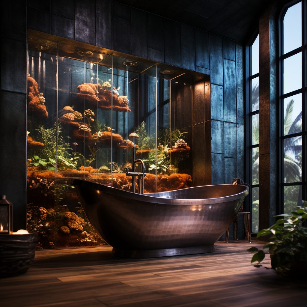 Bathrooms with Copper Tubs and Wall Aquariums AI Artwork 23