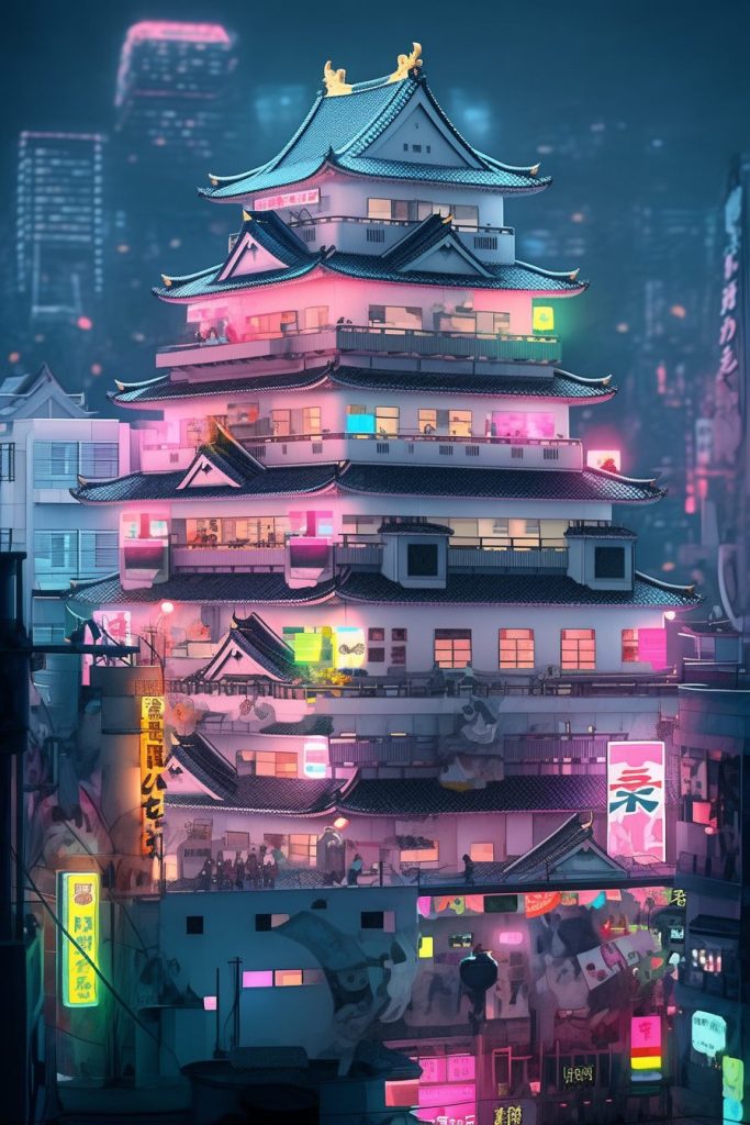 Bright and Colorful Neon Castles of Japan AI Artwork 7