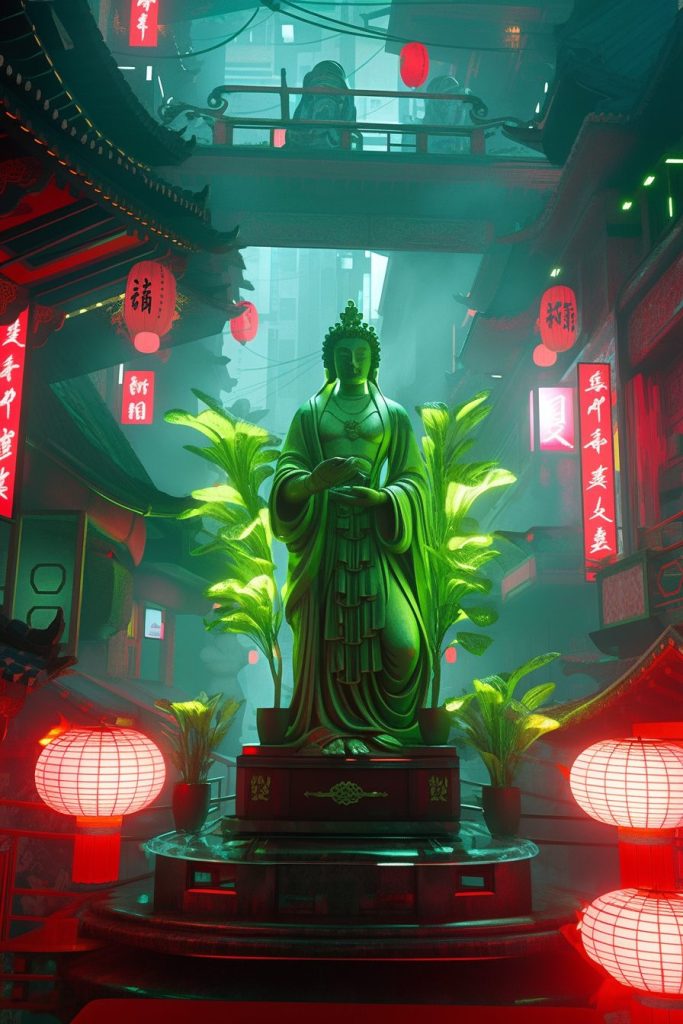 Cyberpunk Chinatown and Its Neon Statues AI Artwork 17