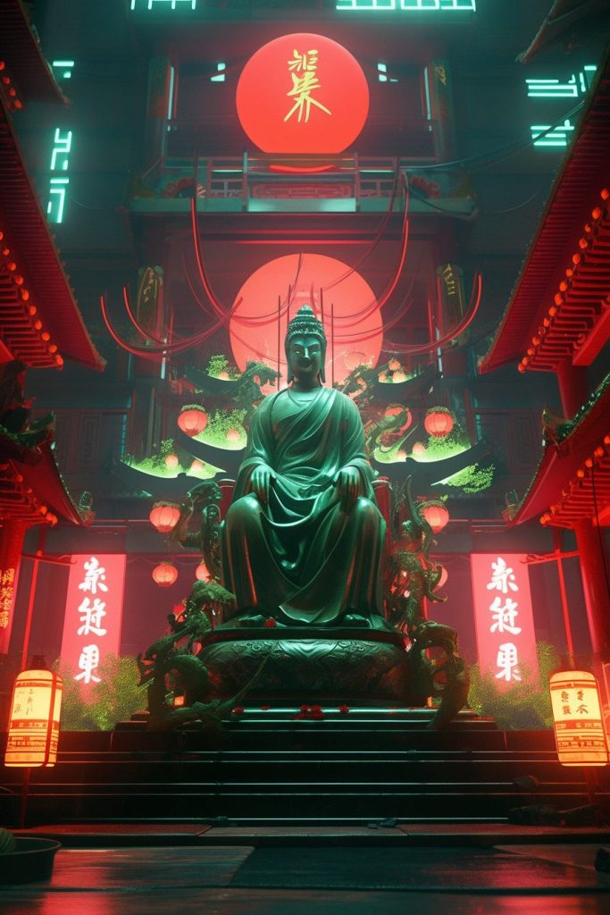 Cyberpunk Chinatown and Its Neon Statues AI Artwork 26