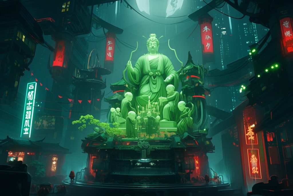 Cyberpunk Chinatown and Its Neon Statues AI Artwork 7