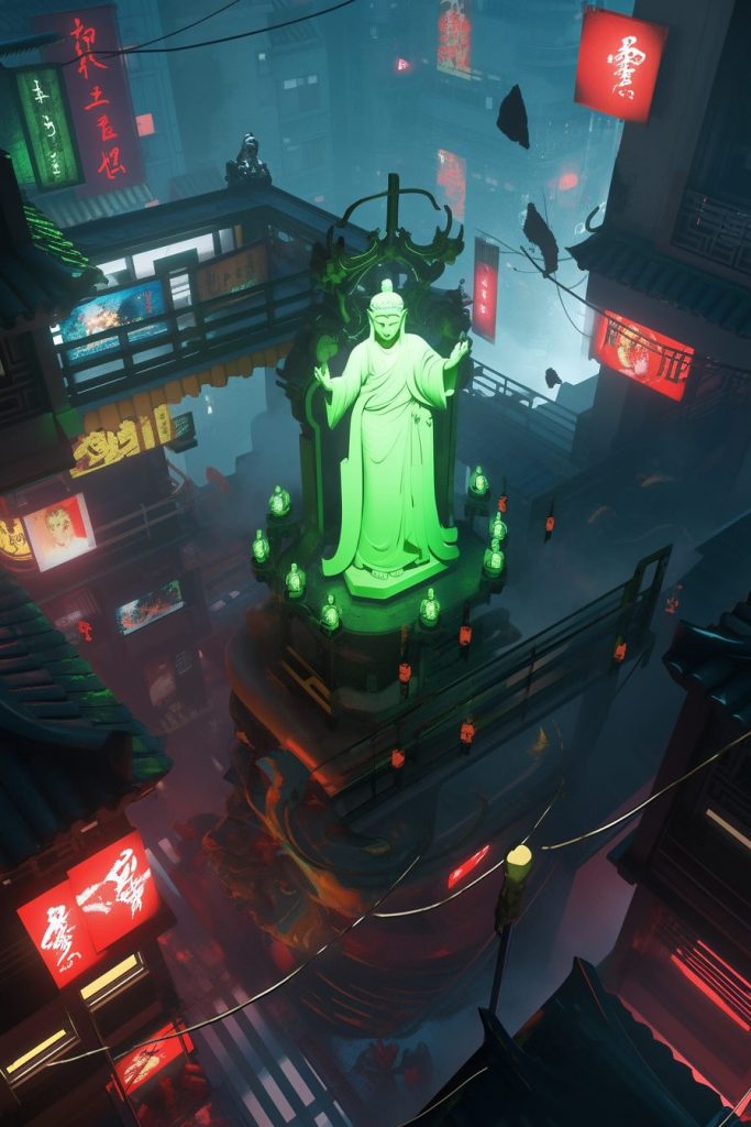 Cyberpunk Chinatown and Its Neon Statues AI Artwork 9