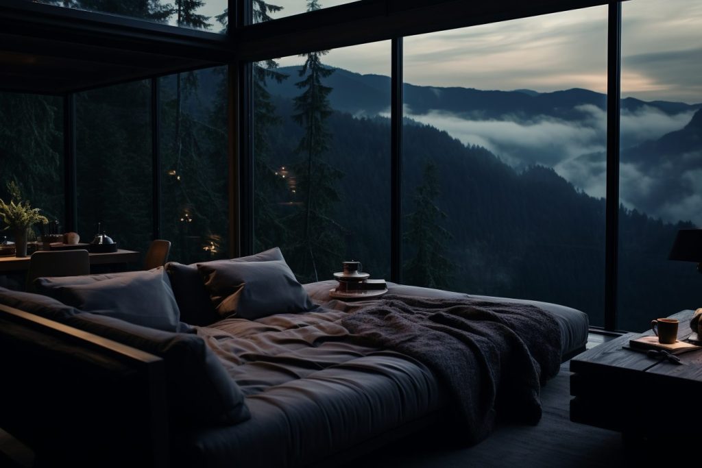 Minimalistic Room with a Mountainscape View AI Artwork 12