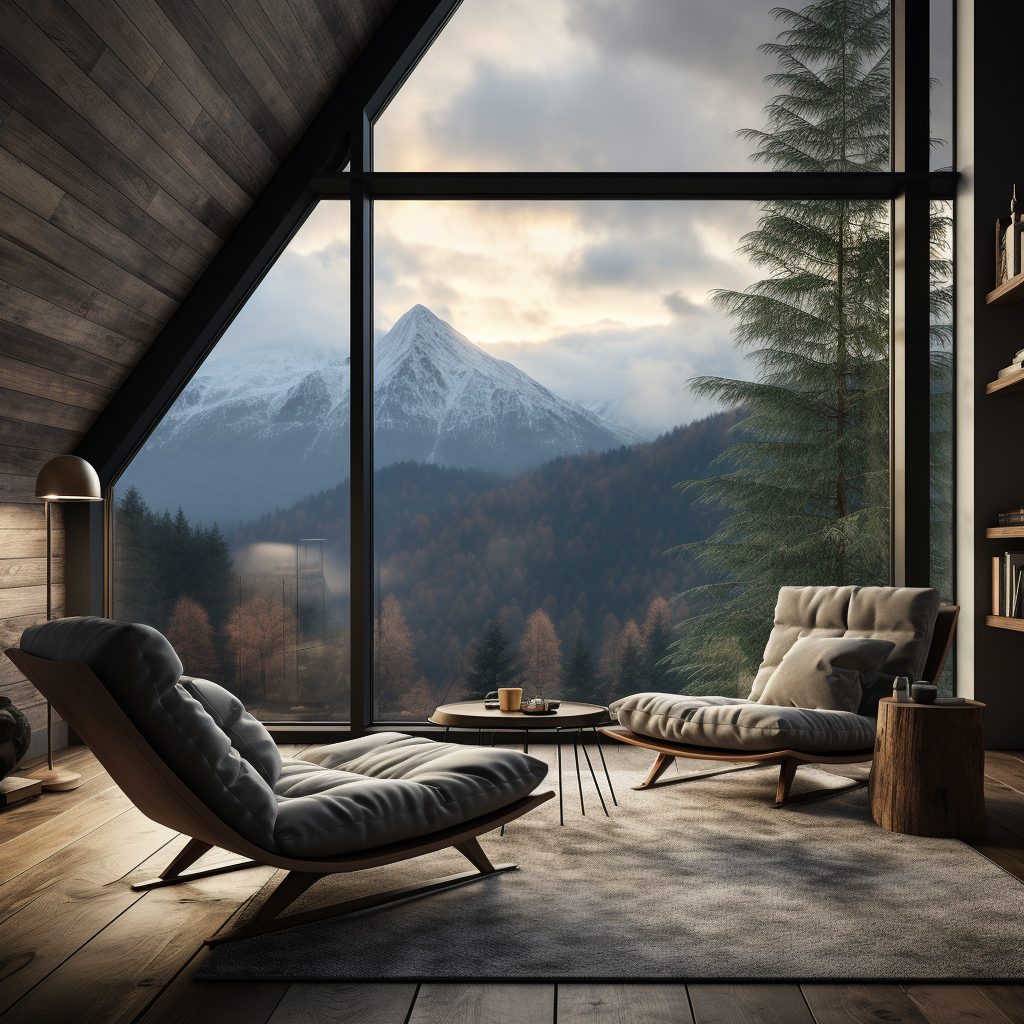 Minimalistic Room with a Mountainscape View AI Artwork 18