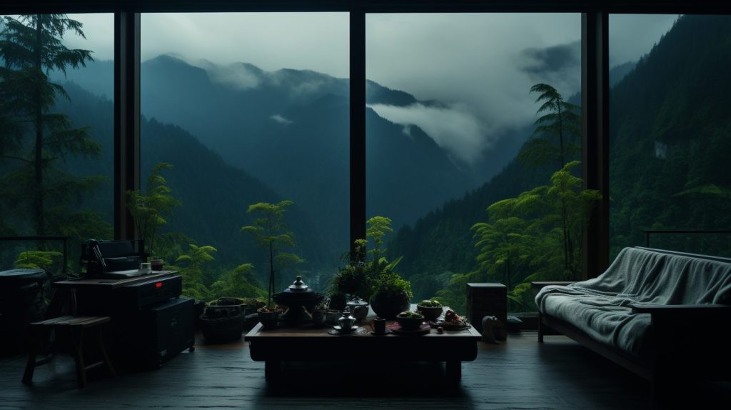 Minimalistic Room with a Mountainscape View AI Artwork 34