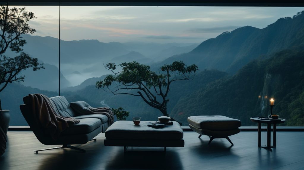 Minimalistic Room with a Mountainscape View AI Artwork 35