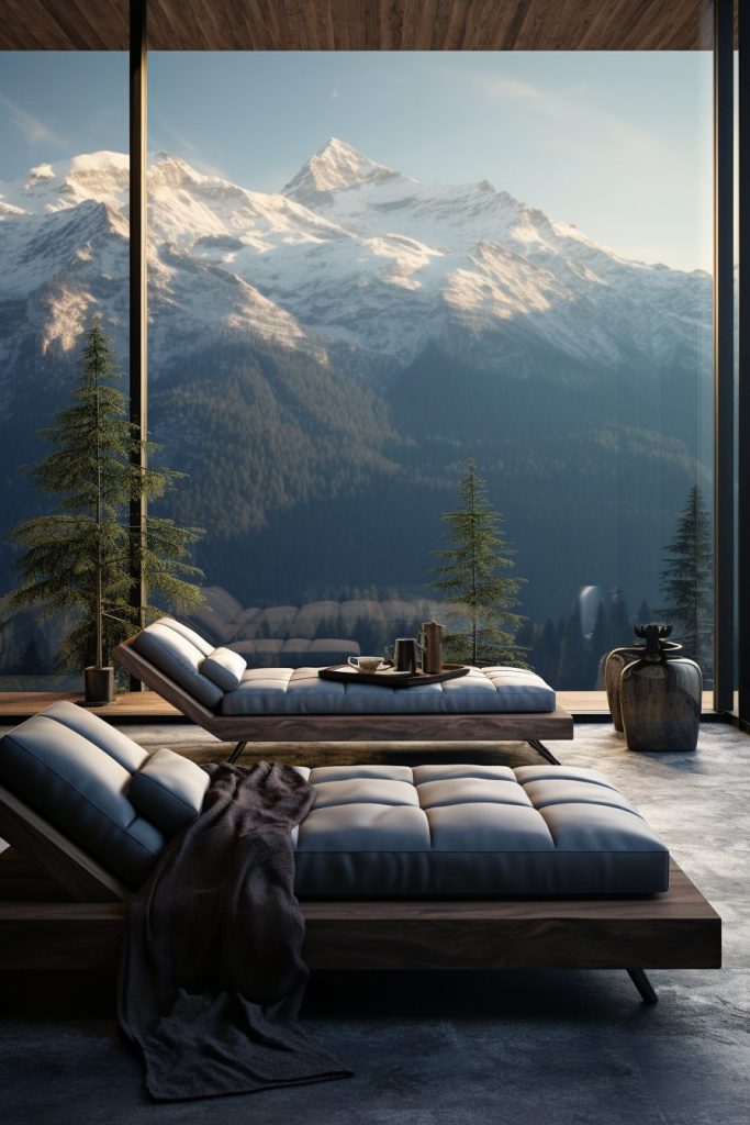 Minimalistic Room with a Mountainscape View AI Artwork 4