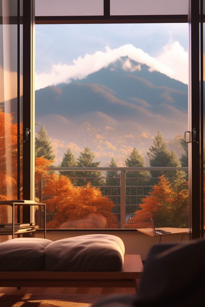 Minimalistic Room with a Mountainscape View AI Artwork 6