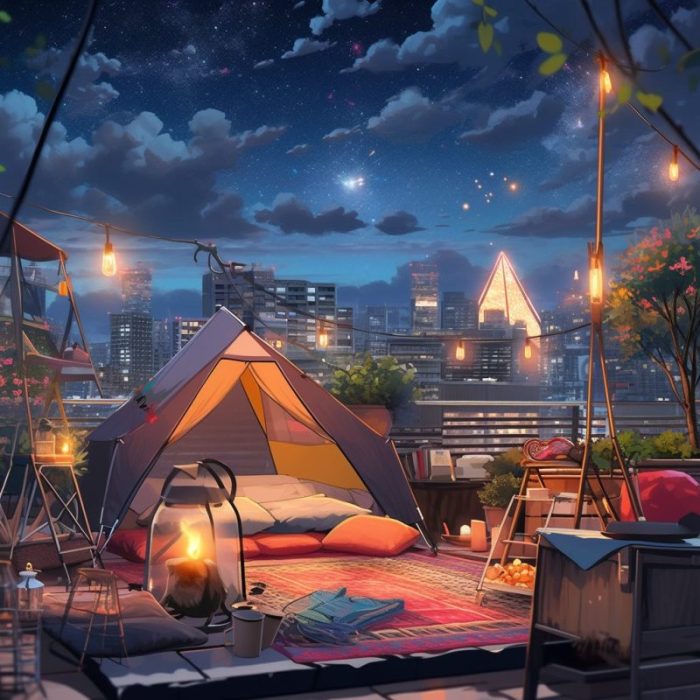 Rooftop Camping with a View of the Cityscape AI Artwork