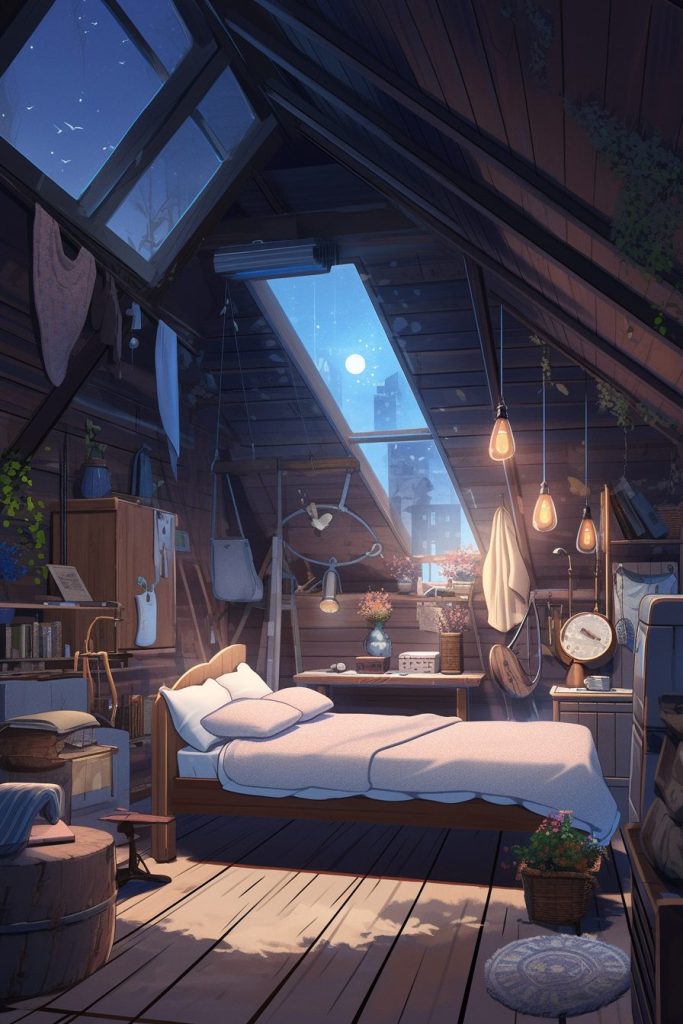 Rustic Attic Bedrooms with Skylights AI Artwork 13