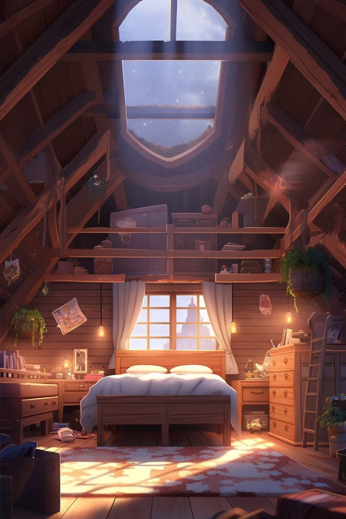 Rustic Attic Bedrooms with Skylights AI Artwork 4