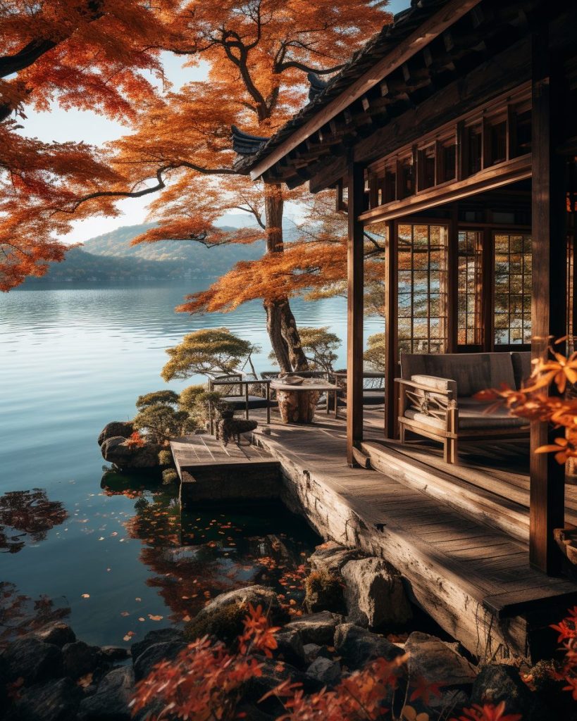 Traditional Japanese Lakehouse Porch with a Waterfront View AI Artwork 15