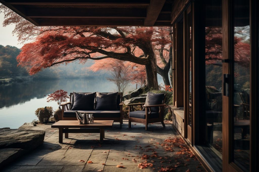 Traditional Japanese Lakehouse Porch with a Waterfront View AI Artwork 18