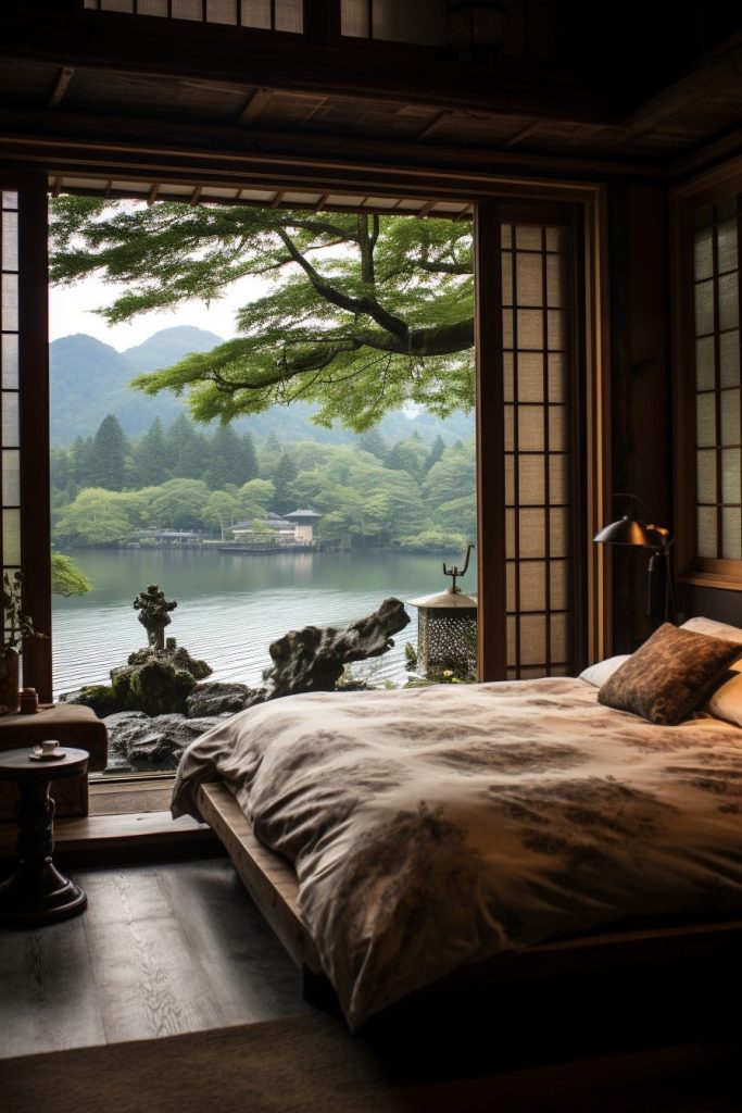 Traditional Japanese Style Lakehouse with a View AI Artwork 3