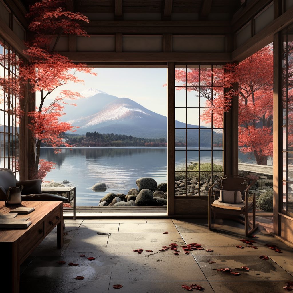 Traditional Japanese Style Lakehouse with a View AI Artwork 33