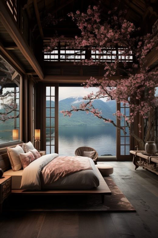 Traditional Japanese Style Lakehouse with a View AI Artwork