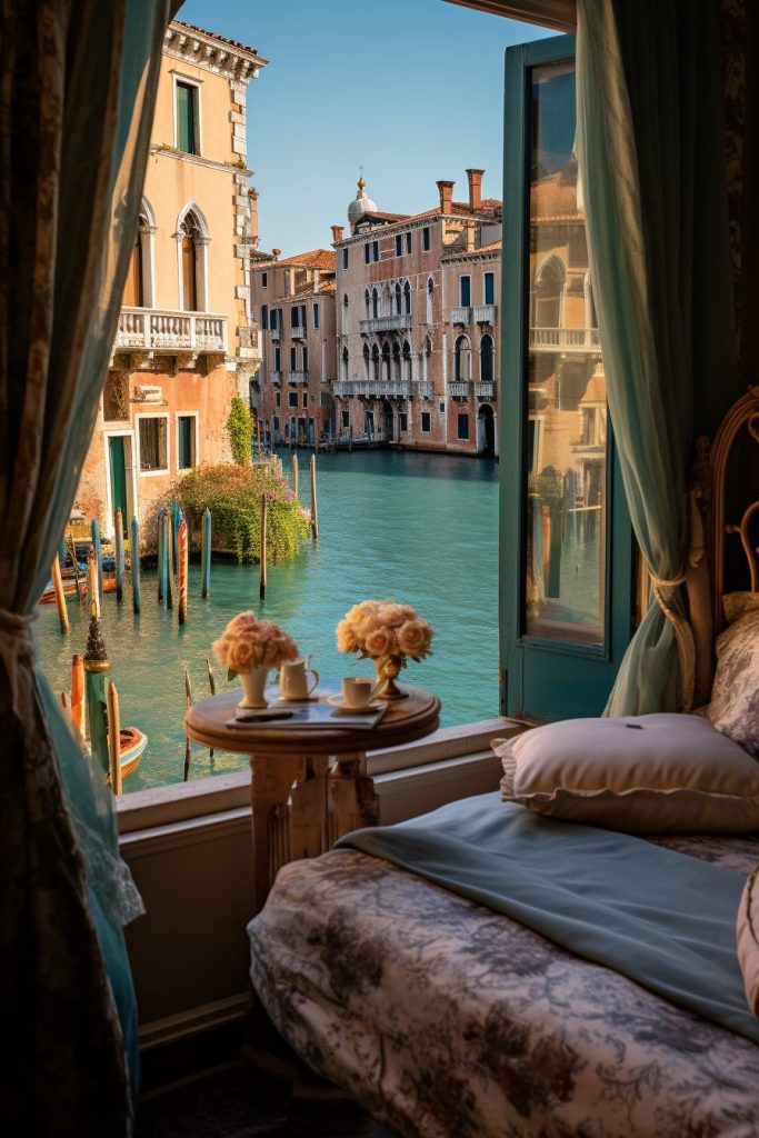 Venetian Style Bedroom with a View of the Venice River AI Artwork 17