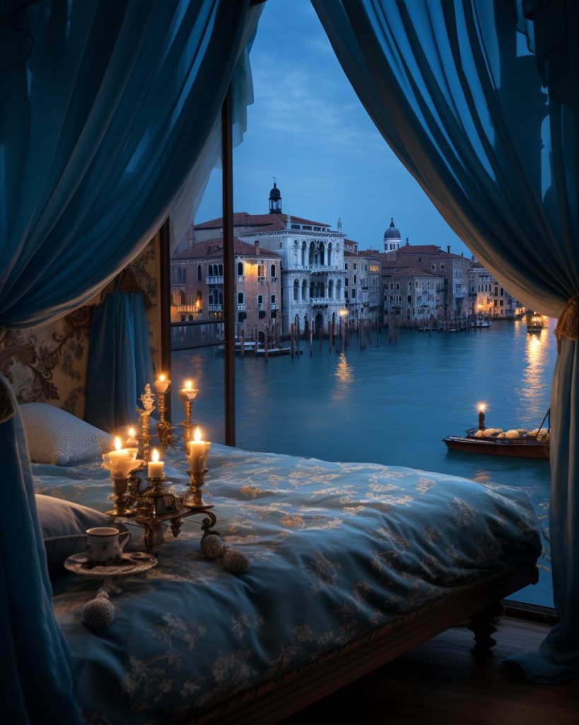 Venetian Style Bedroom with a View of the Venice River AI Artwork 8