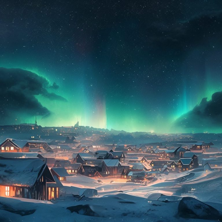 A Snow-Covered Village with a Beautiful Aurora Borealis View